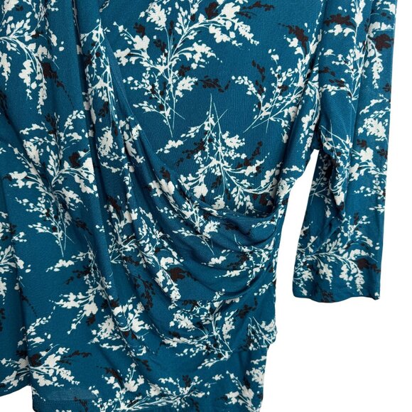 Vintage East 5th‎ Women's 1X Floral Green Blue Draped V Neck Blouse Workwear - Picture 4 of 5